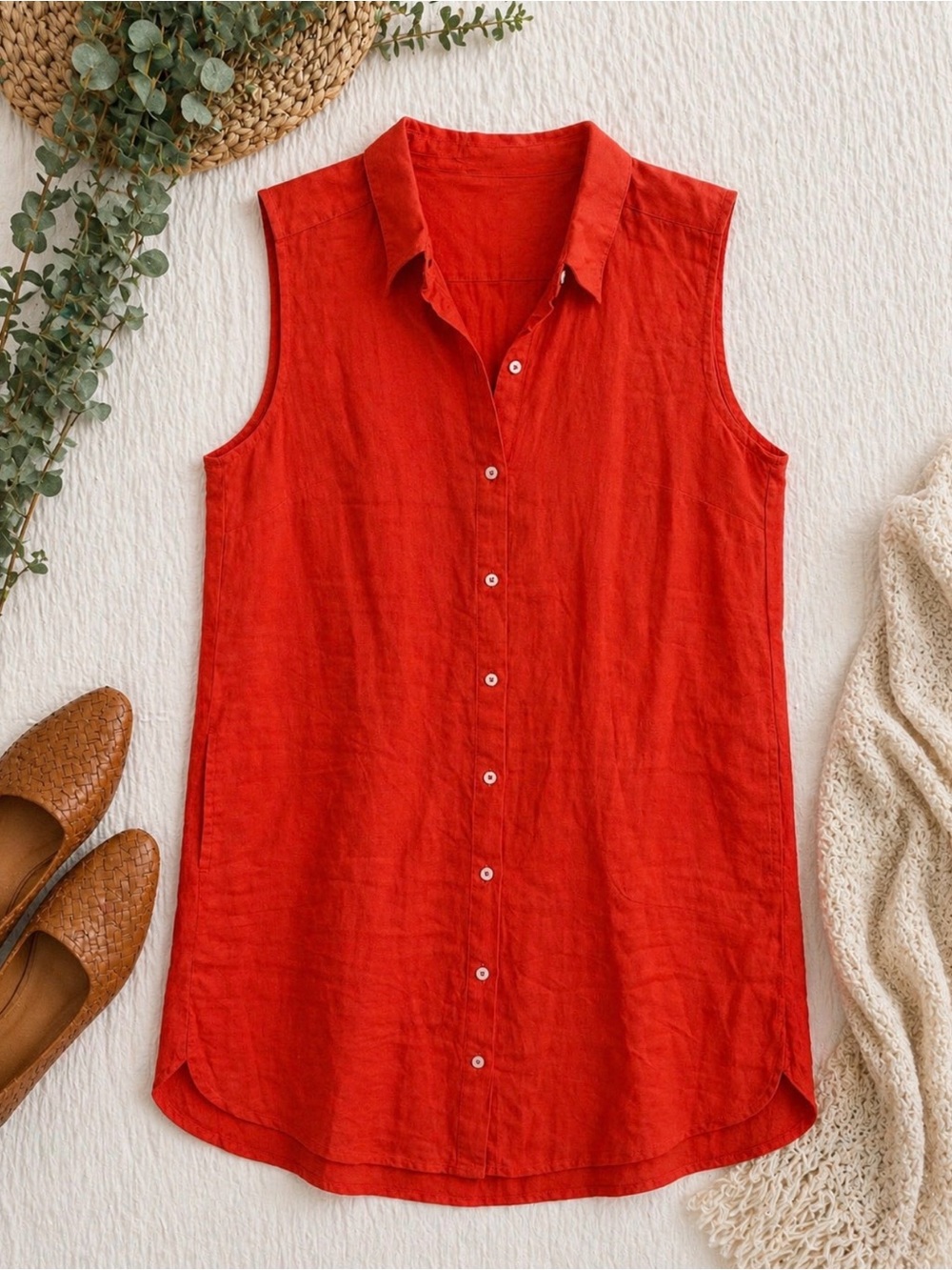 Pure Navy | Sleeveless Button-Front Linen Tunic Dress - Bright Red-Orange